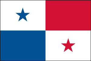 Panama flag: Split into 4 quadrants. Top left is white with a solid 5-pointed blue star. Top right is red. Bottom left is blue. Bottom right is white with a solid 5-pointed red star.
