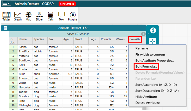 screenshot from CODAP indicating how to edit a formula