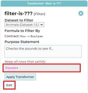 A screenshot of a saved Transformer called filter-is-blank