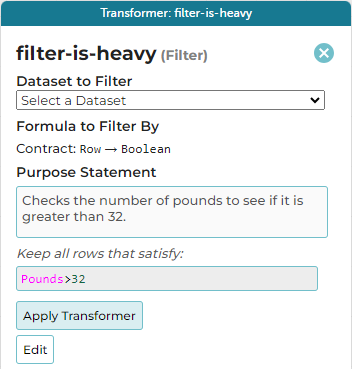 A screenshot of a saved Transformer called filter-is-heavy
