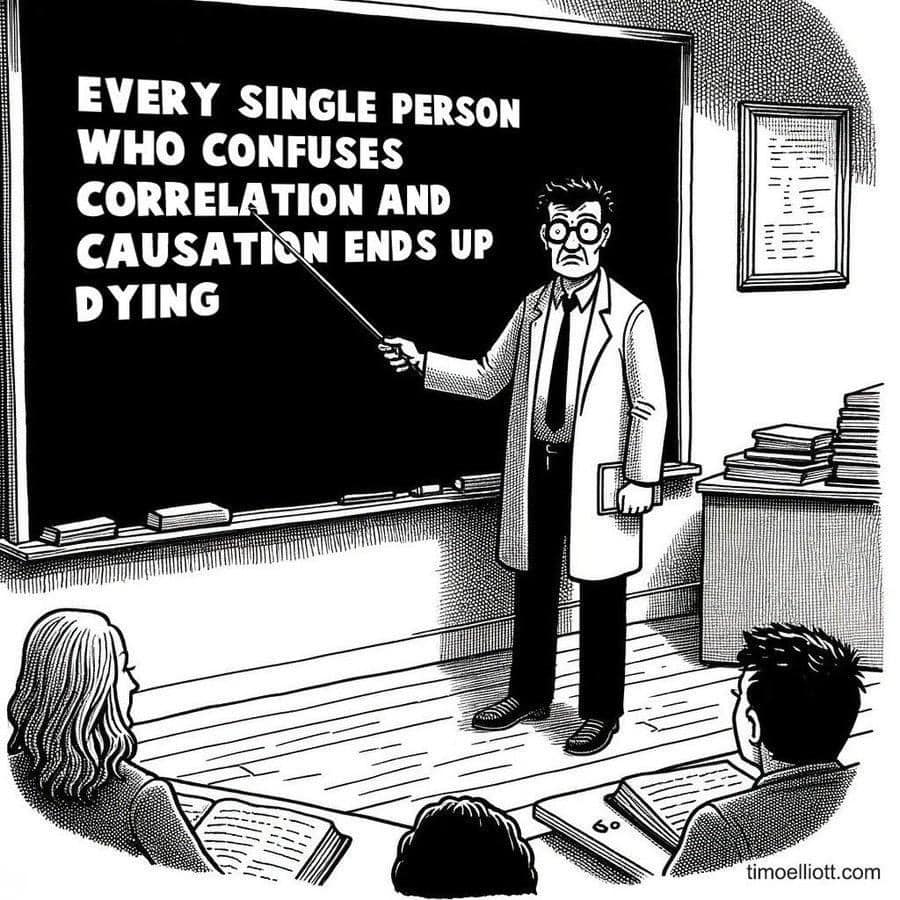 A Timo Elliott cartoon in which a teacher points to a chalkboard, which contains the sentence 'Every single person who confuses correlation and causation ends up dying'