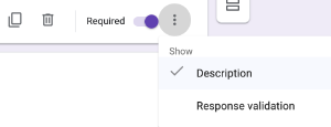 Screenshot of the drop down menu beneath the 3 dots in the bottom right corner of a Google Form with "Description" selected