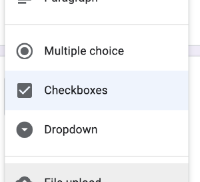 Screenshot of the question types available in the menu at the top right corner of a Google Form question with "Checkboxes" selected