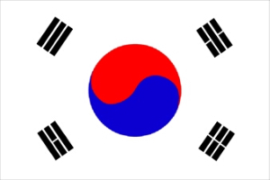 South Korea Flag: primarily white with a blue & rid yin yang in the center. Each corner has a diagonally-oriented black rectangle composed of a different combination of short and mid-sized black rectangles