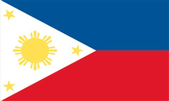 Philippines Flag: top half is blue and bottom half is red. a white triangle coming in from the left edge with a yellow sun in its middle and a yellow star in each of its 3 corners