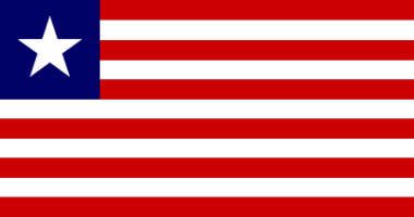 Liberia Flag: 11 horizontal stripes alternating between red and white. a blue square with white star appear in the top left corner covering part of 5 stripes