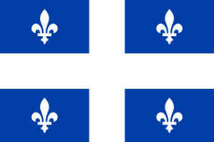 Quebec Flag: primarily blue with a white cross splitting it into 4 quadrants, each of which has a white fleur de lis in its center