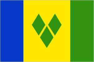 St. Vincent and the Grenadines Flag: mostly yellow with a blue rectangle along the left edge and a green rectangle along the right edge. 3 green diamonds form a v in the center