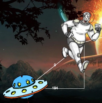 game image: astronaut and space craft on a landscape, with a right triangle showing the horizontal, vertical and diagonal distance between them