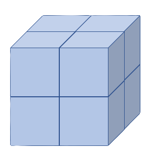 a cube with the dimensions 2 x 2 x 2, composed of 8 individual cubes