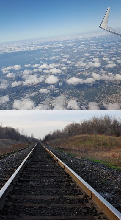 Two images. Top: The sky and land below, when see from an airplane window. The tip of the wing is also in view. Bottom: Railroad tracks stretching out into the distance, appearing to almost meet at the horizon.