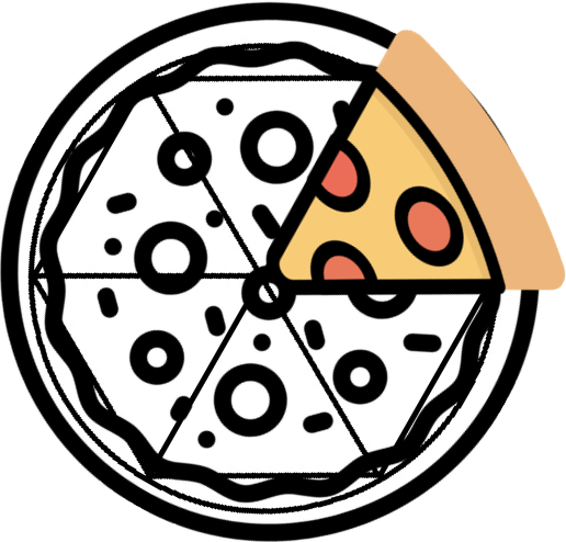 A line-drawing of a pizza slice, superimposed over a hexagon inscribed within a circle such that the slice appears to be one of the triangles within the hexagon, but with a curved crust that extends all the way out to the circumference