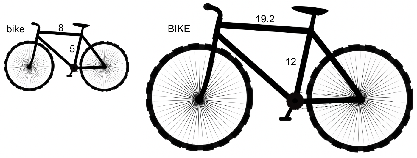 two bikes labeled bike and BIKE. bike is labeled 8 on the crossbar and 5 on the vertical bar. BIKE is labeled 19.2 on the crossbar and 12 on the vertical bar.