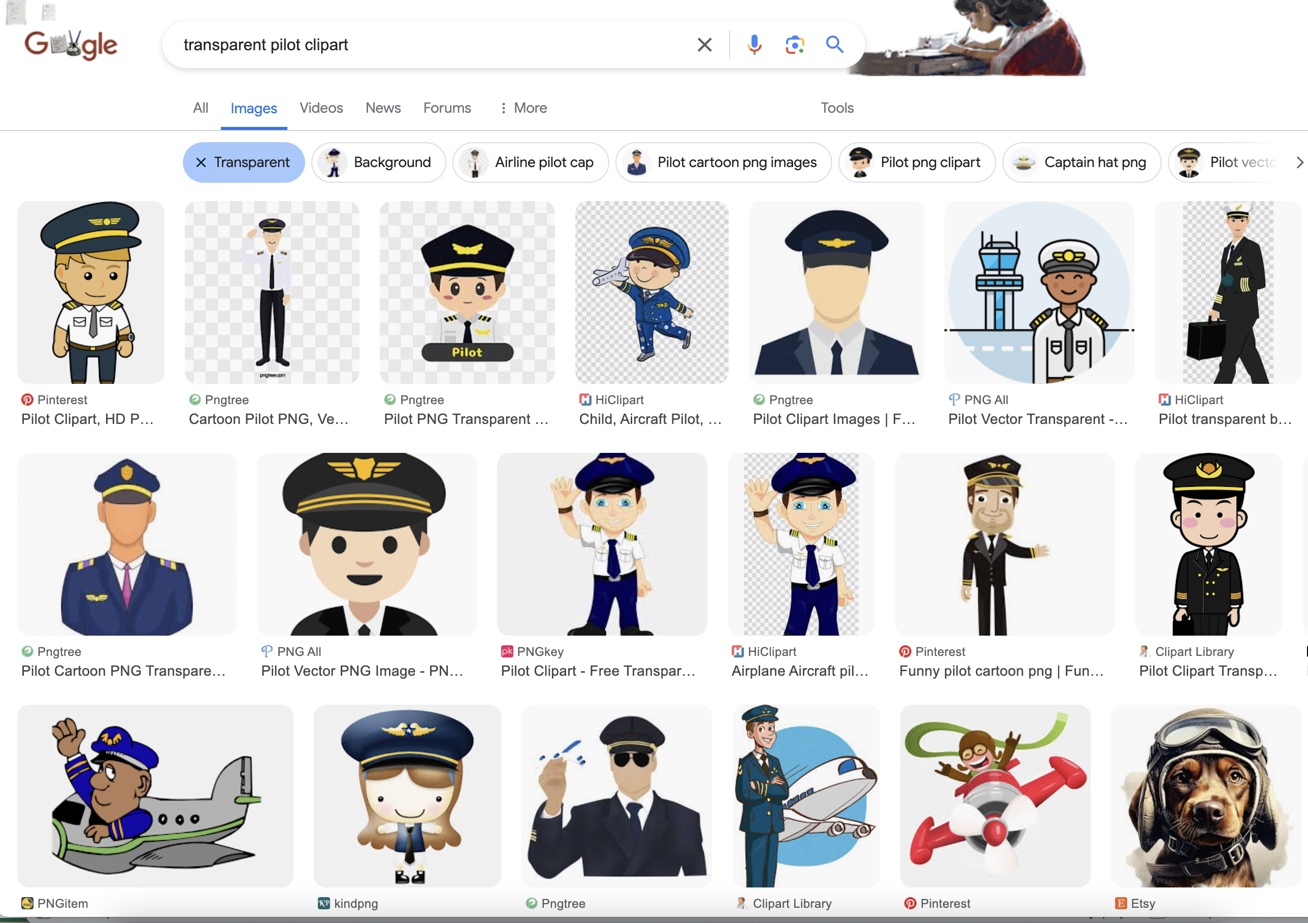Screenshot of top google image search results for transparent pilot clipart