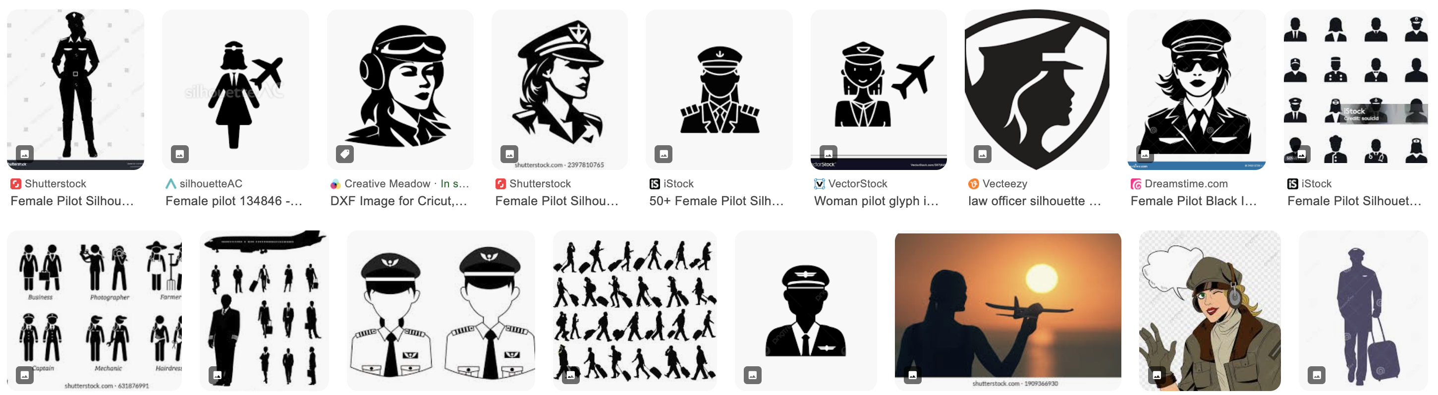 Screenshot of top google image search results for pilot silhouette female