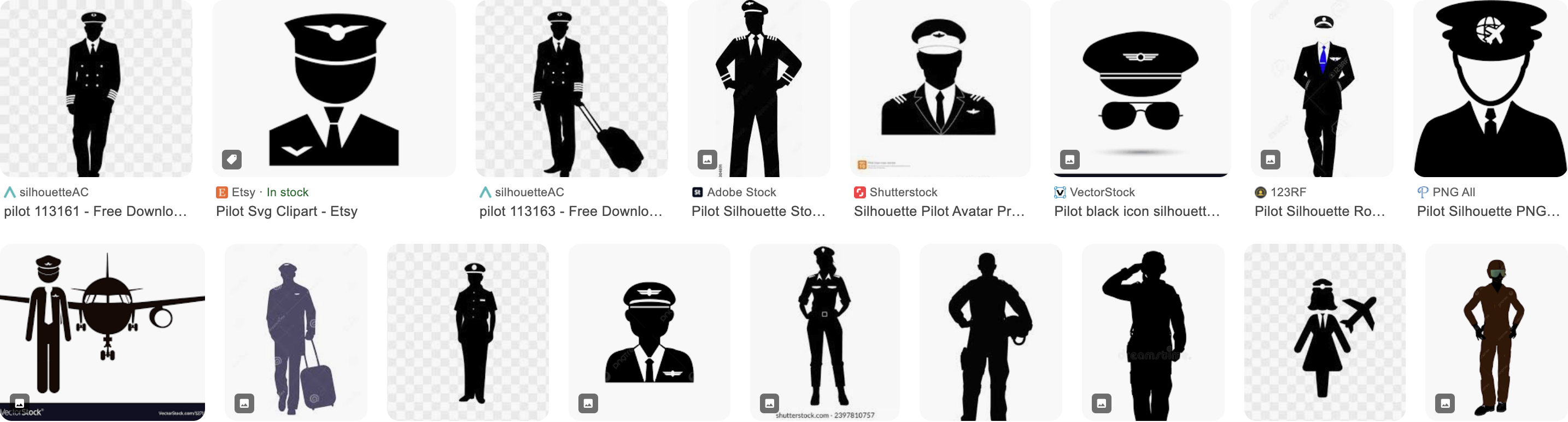 Screenshot of top google image search results for pilot transparent silhouette