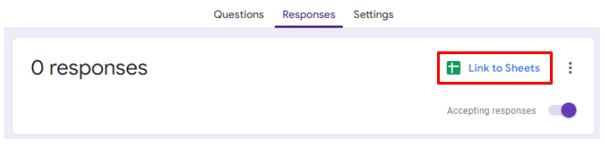A screenshot of the Link to Sheets button on the snack habits google form