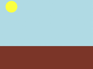 A simple sunset, with a yellow circle in the top-left corner and a brown rectangle along the bottom
