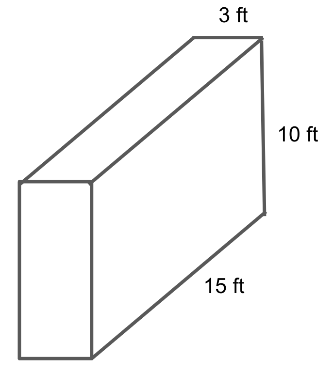 rectangular prism with dimensions labeled: 3ft, 10ft, and 15ft.