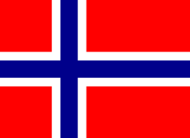 Norway flag: Red with a blue cross splitting it into 4 unequal parts, the short end being on the left. The blue cross has a white border nearly equal in width to the cross itself on all sides that do not touch the edge of the flag.