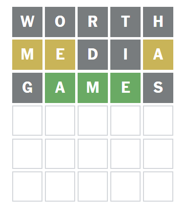 A screenshot of the first three turns of a Wordle game