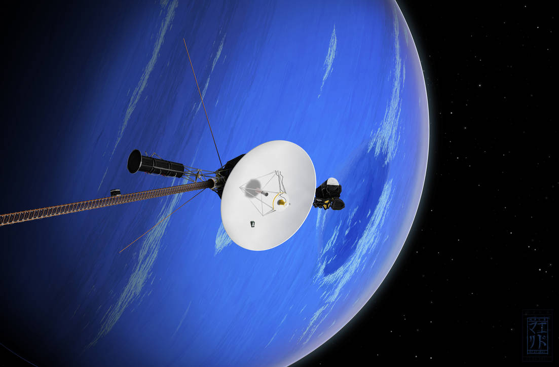 An artist’s rendition of Voyager 2 approaching Neptune