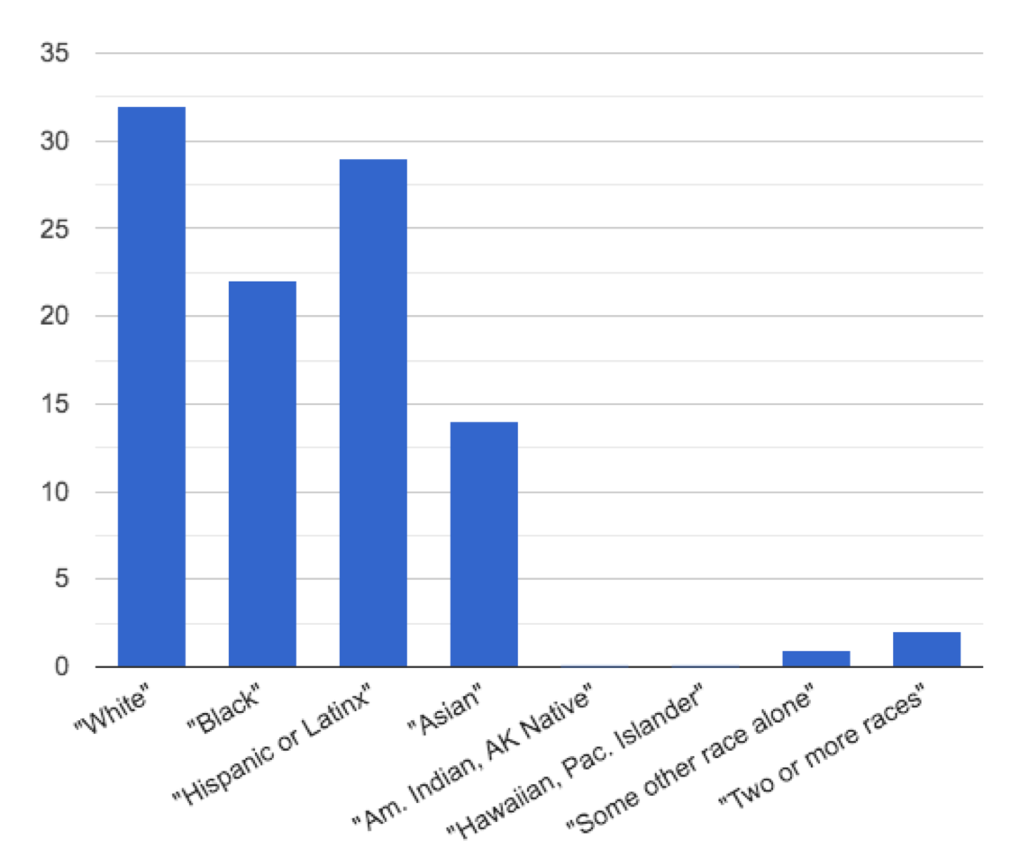 bar chart: sizeable bars for White, Hispanic/Latinx, Black & Asian (those were order from greatest to least). Small bars for some other race along and 2 or more races.