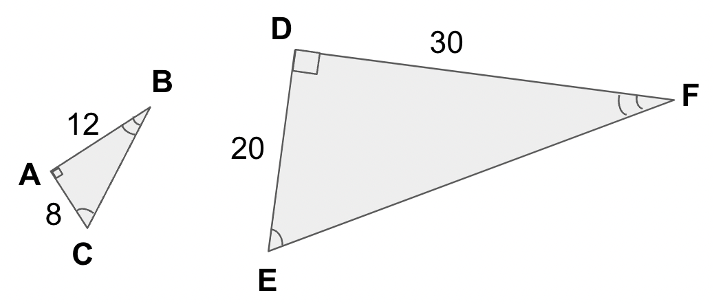 Similar traingles ABC and DEF. AB=12. AC=8. DE=20. DF=30